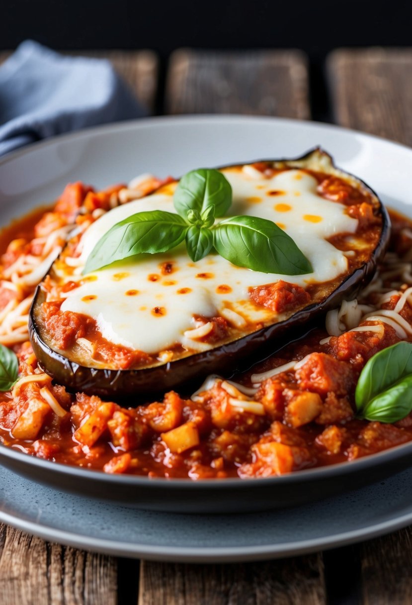 A golden-brown eggplant parmesan sits atop a bed of marinara sauce, garnished with melted mozzarella and fresh basil