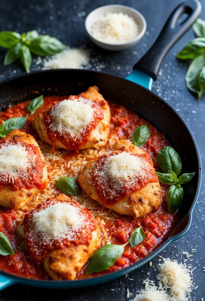 A sizzling chicken parmesan dish with marinara sauce bubbling in a hot skillet, surrounded by fresh basil leaves and grated parmesan cheese