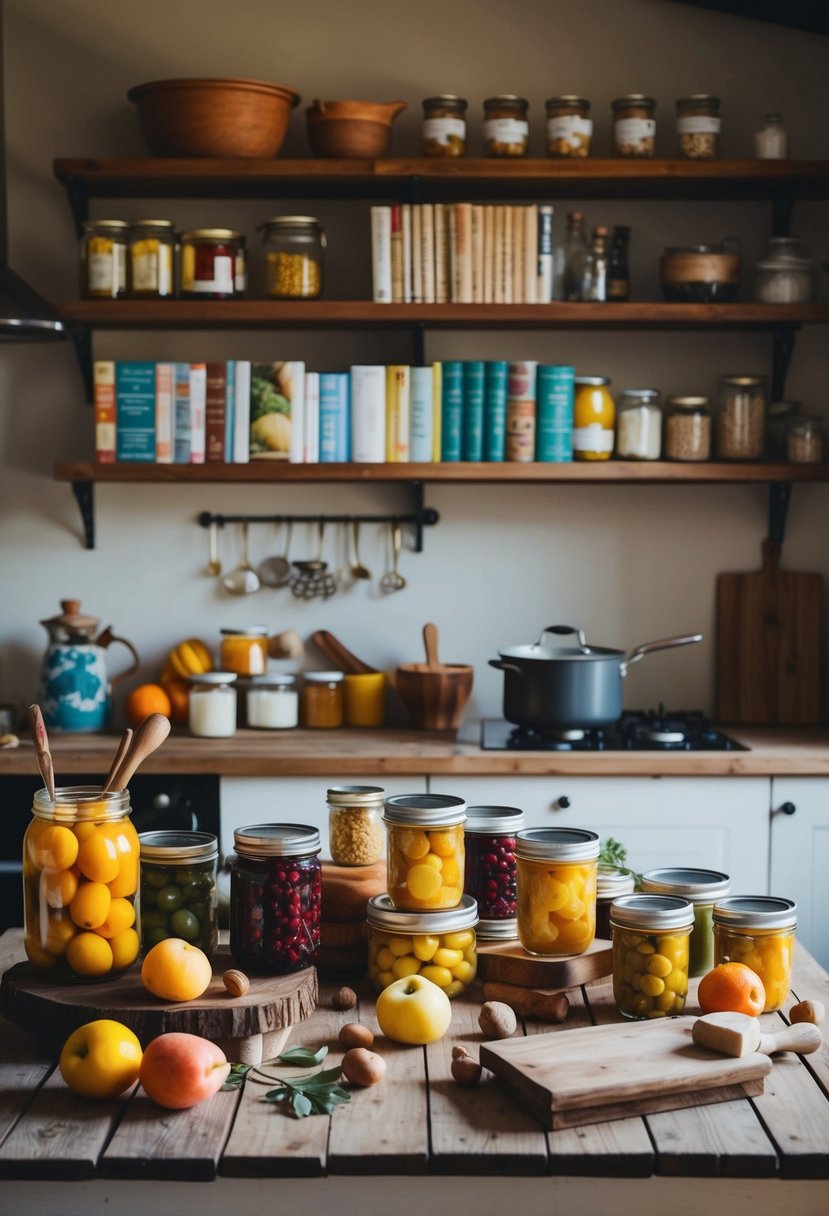 A rustic kitchen with various fruits, jars, and canning equipment laid out on a wooden table, surrounded by shelves of recipe books and a bubbling pot on the stove