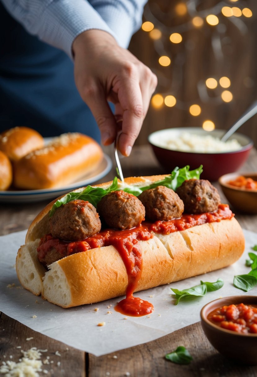 A meatball sub being assembled with marinara sauce and meatballs on a crusty roll