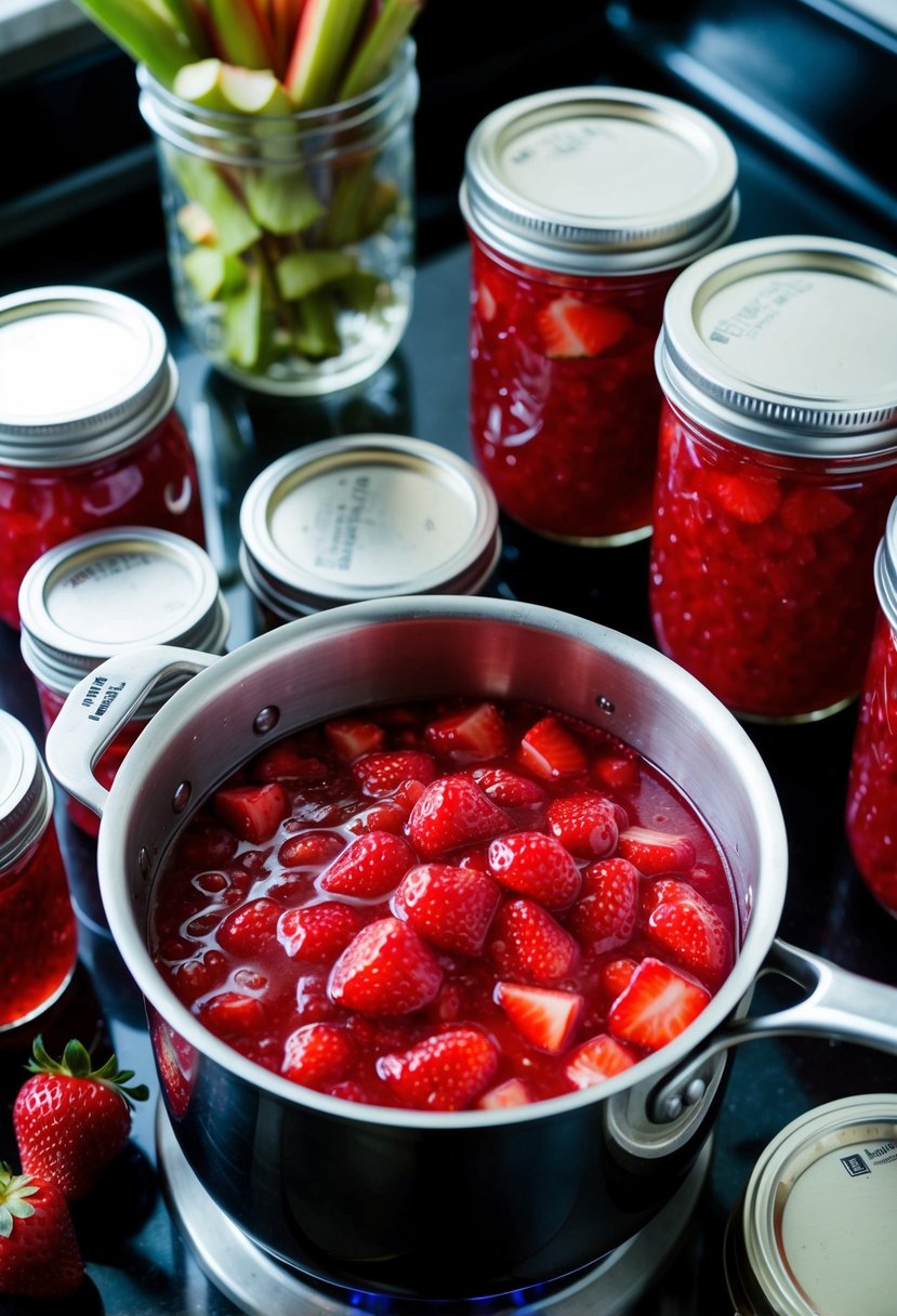 A pot of bubbling strawberry rhubarb jam on a stovetop, surrounded by jars and lids for canning