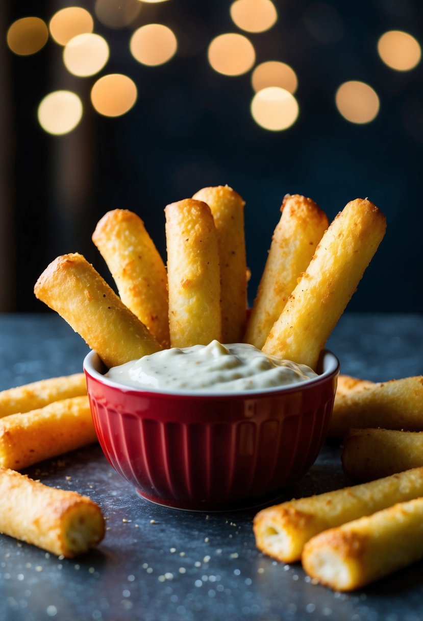 Golden mozzarella sticks arranged with a bowl of marinara dip