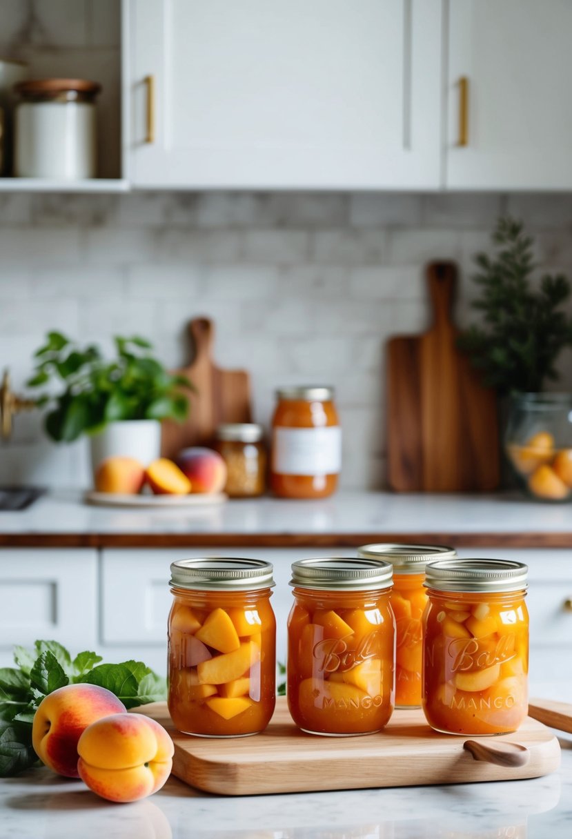 A kitchen counter with jars of peach mango jam, fresh fruit, and canning supplies