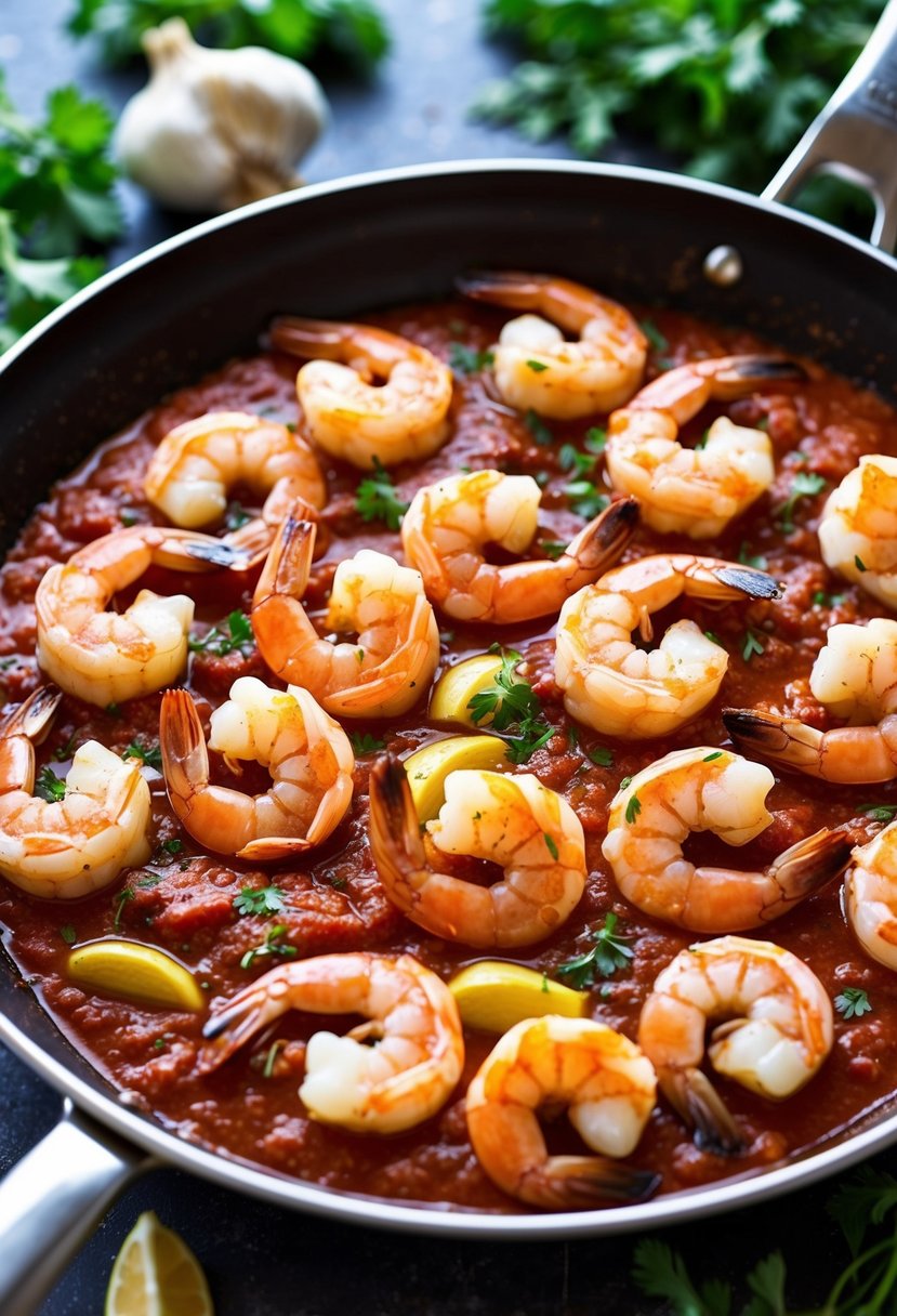 A skillet sizzling with plump shrimp in a rich, red marinara sauce, surrounded by fresh herbs and garlic cloves