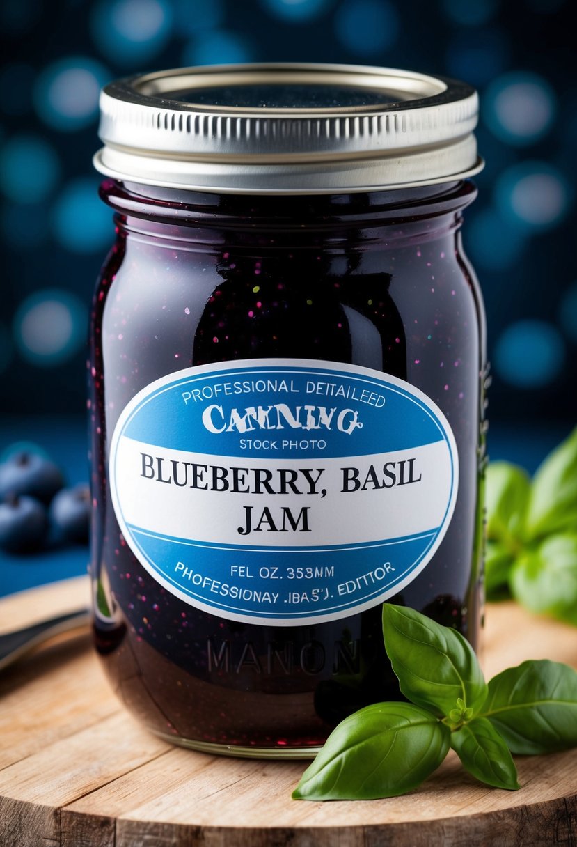 A glass jar filled with vibrant blueberry basil jam, sealed with a lid and labeled for canning