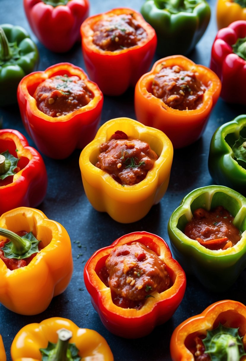 A colorful array of bell peppers, hollowed out and filled with savory marinara sauce and other ingredients, ready to be baked to perfection