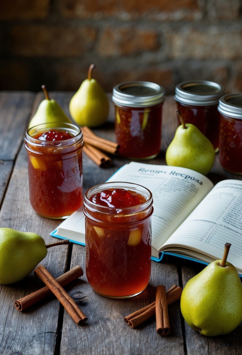 A rustic kitchen table with jars of gingered pear jam, fresh pears, cinnamon sticks, and a recipe book open to jam recipes for canning