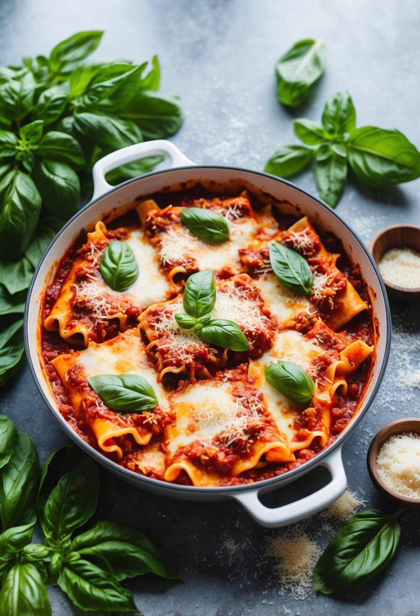 A bubbling dish of lasagna topped with marinara sauce, surrounded by fresh basil leaves and grated parmesan cheese