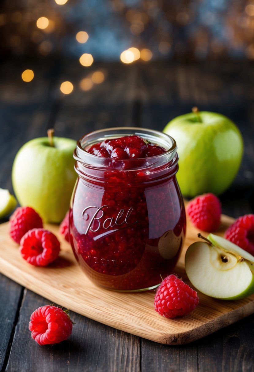 A glass jar filled with homemade raspberry apple jam, surrounded by fresh raspberries and apples on a wooden cutting board