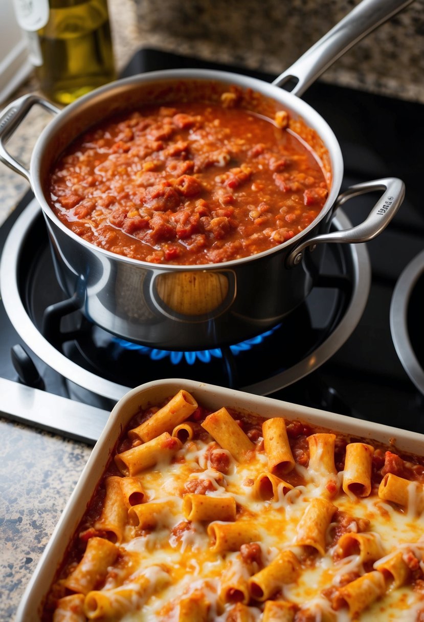 A bubbling pot of marinara sauce simmers on the stove, while a pan of baked ziti sits on the counter, ready to be served