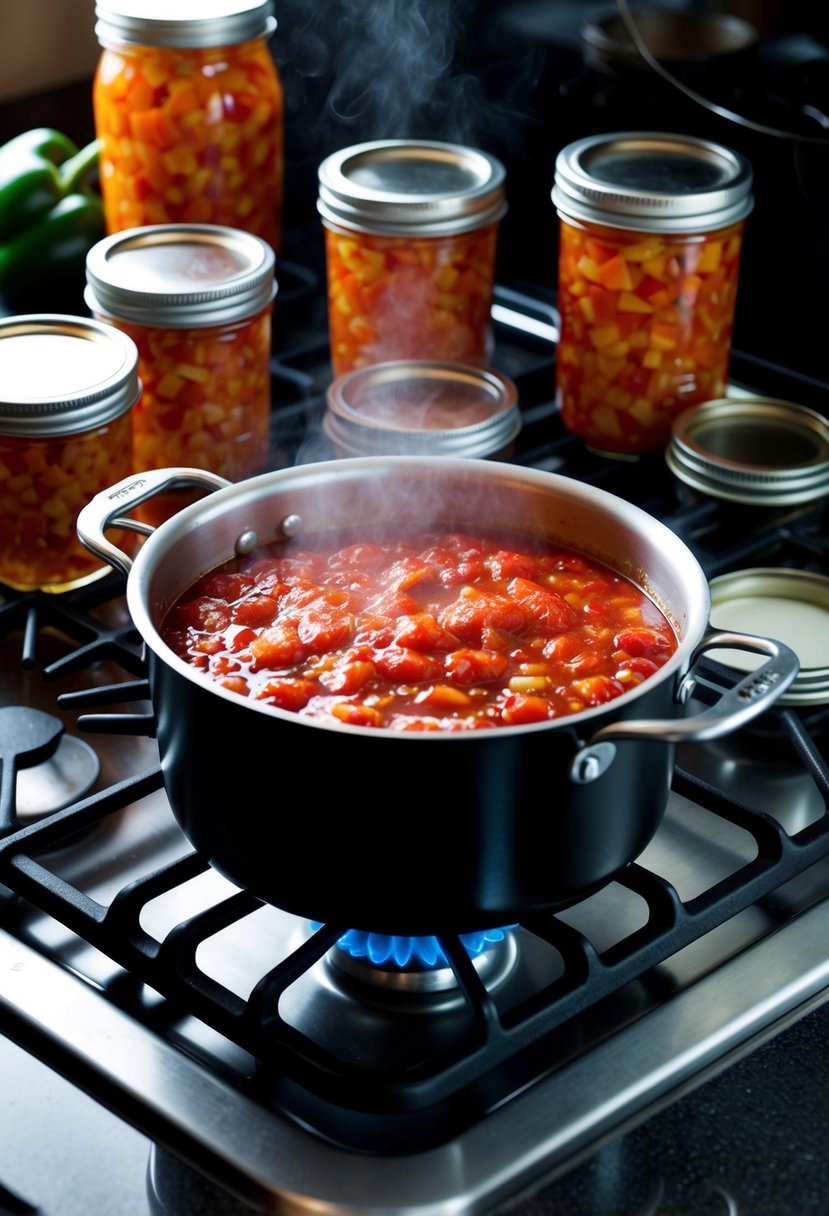 A bubbling pot of tomato pepper jam simmering on a stovetop, surrounded by jars and lids ready for canning