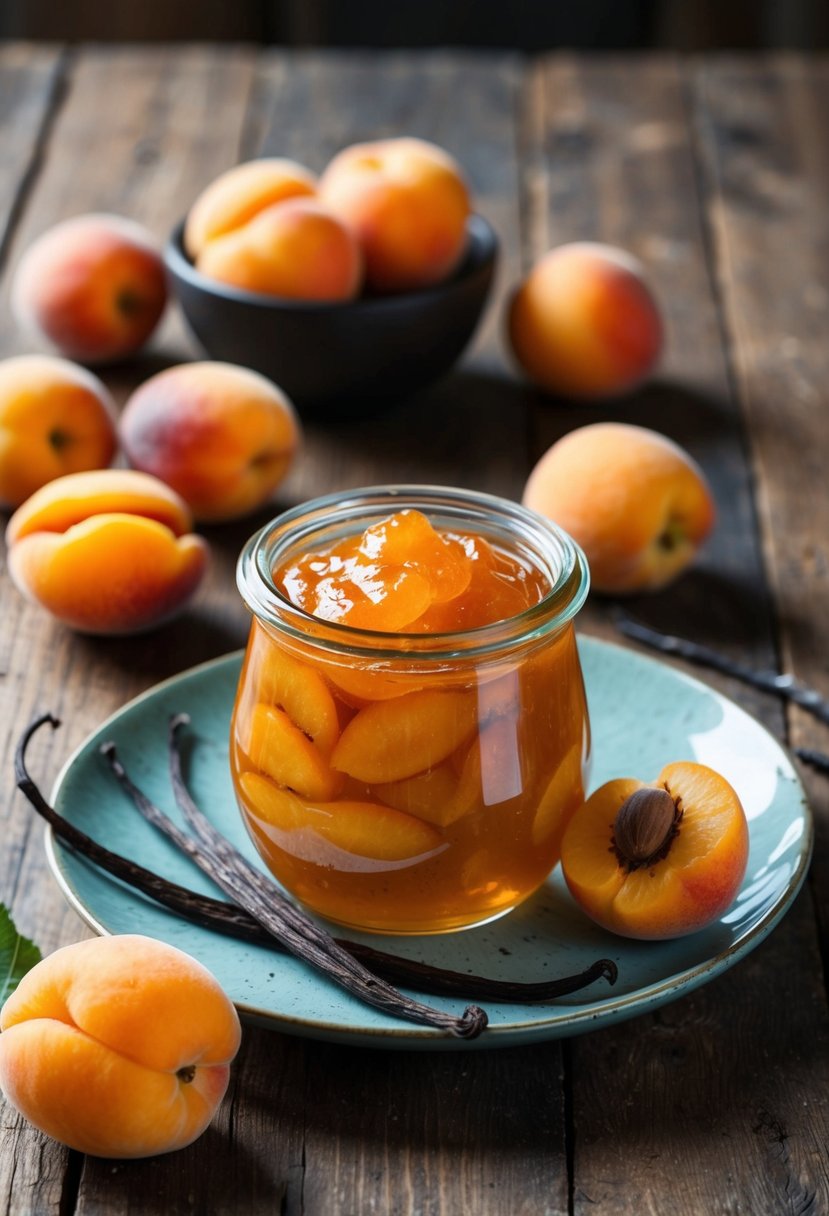 A glass jar filled with apricot vanilla jam surrounded by fresh apricots and vanilla beans on a rustic wooden table