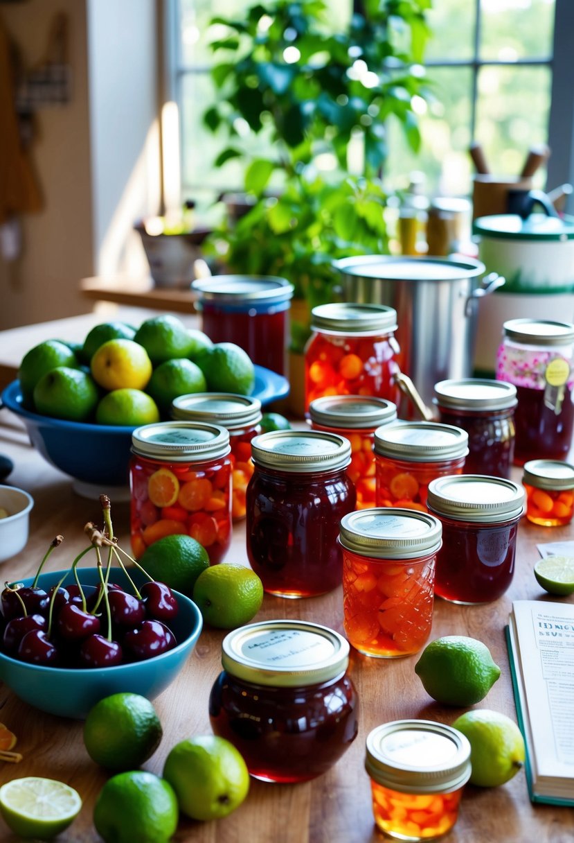 A table filled with ripe cherries, limes, and jars of homemade marmalade, surrounded by canning equipment and recipe books