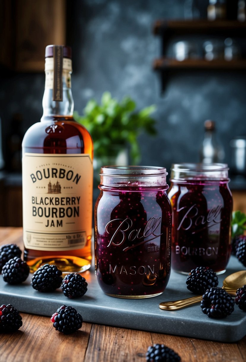 A rustic kitchen with mason jars filled with blackberry bourbon jam, surrounded by fresh blackberries and a bottle of bourbon