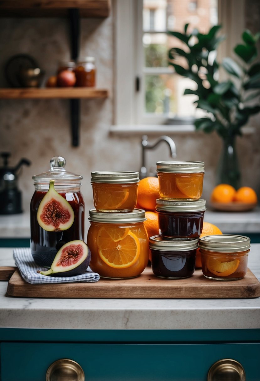 A rustic kitchen counter with jars of fig orange conserve and fresh fruit