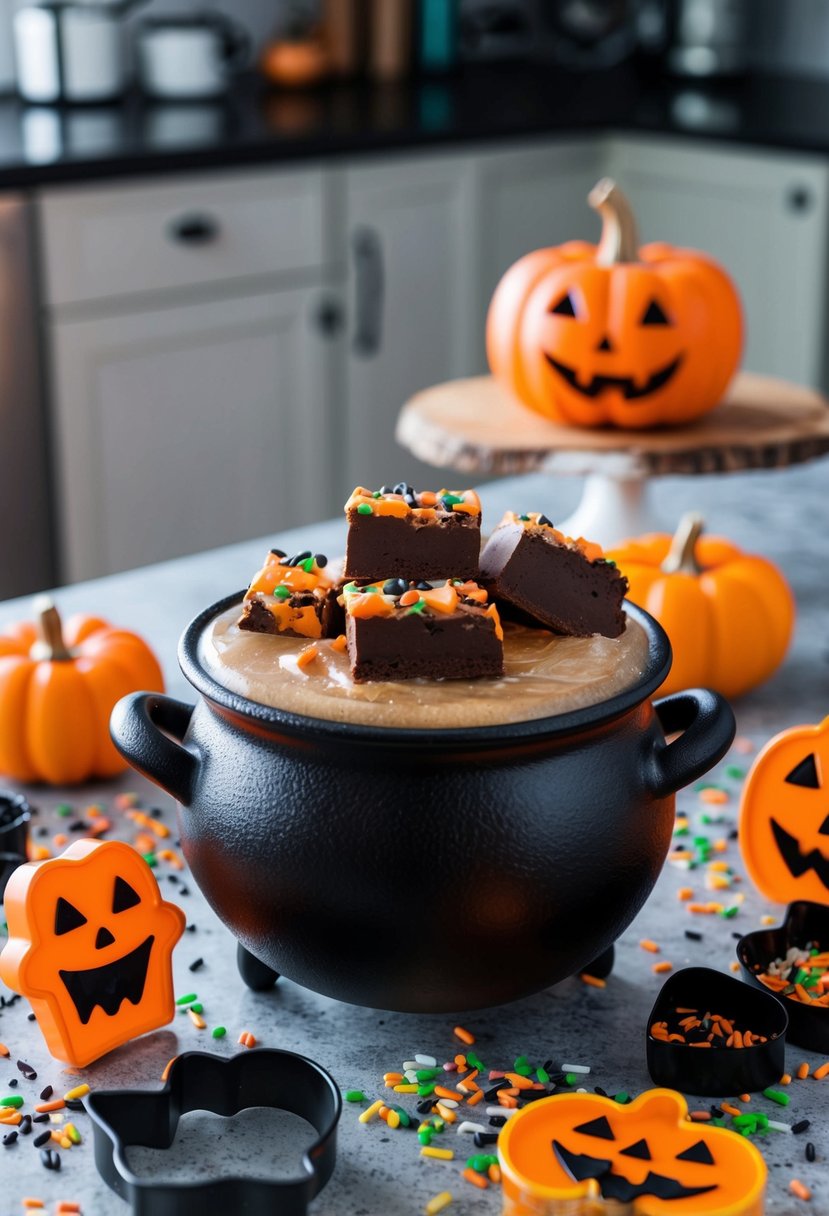 A cauldron filled with bubbling fudge, surrounded by Halloween-themed cookie cutters and sprinkles on a kitchen counter