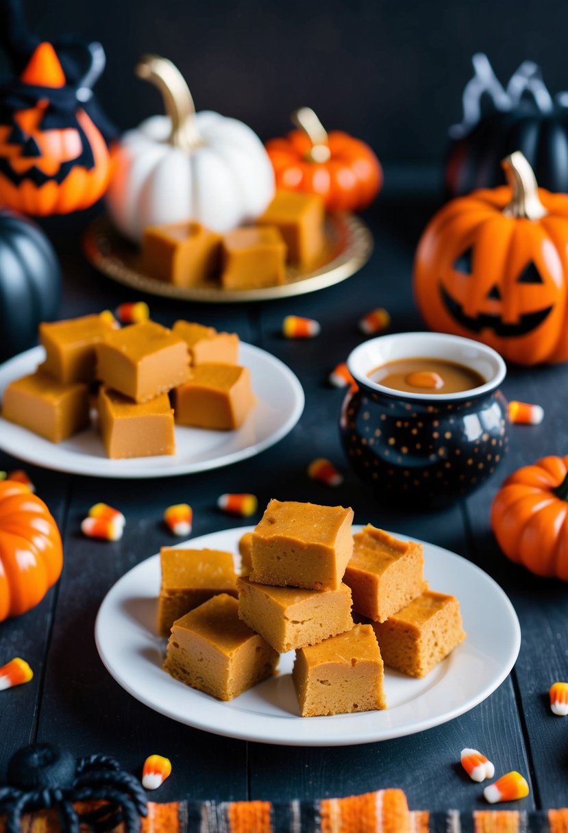 A table adorned with pumpkin spice fudge squares, surrounded by Halloween decorations