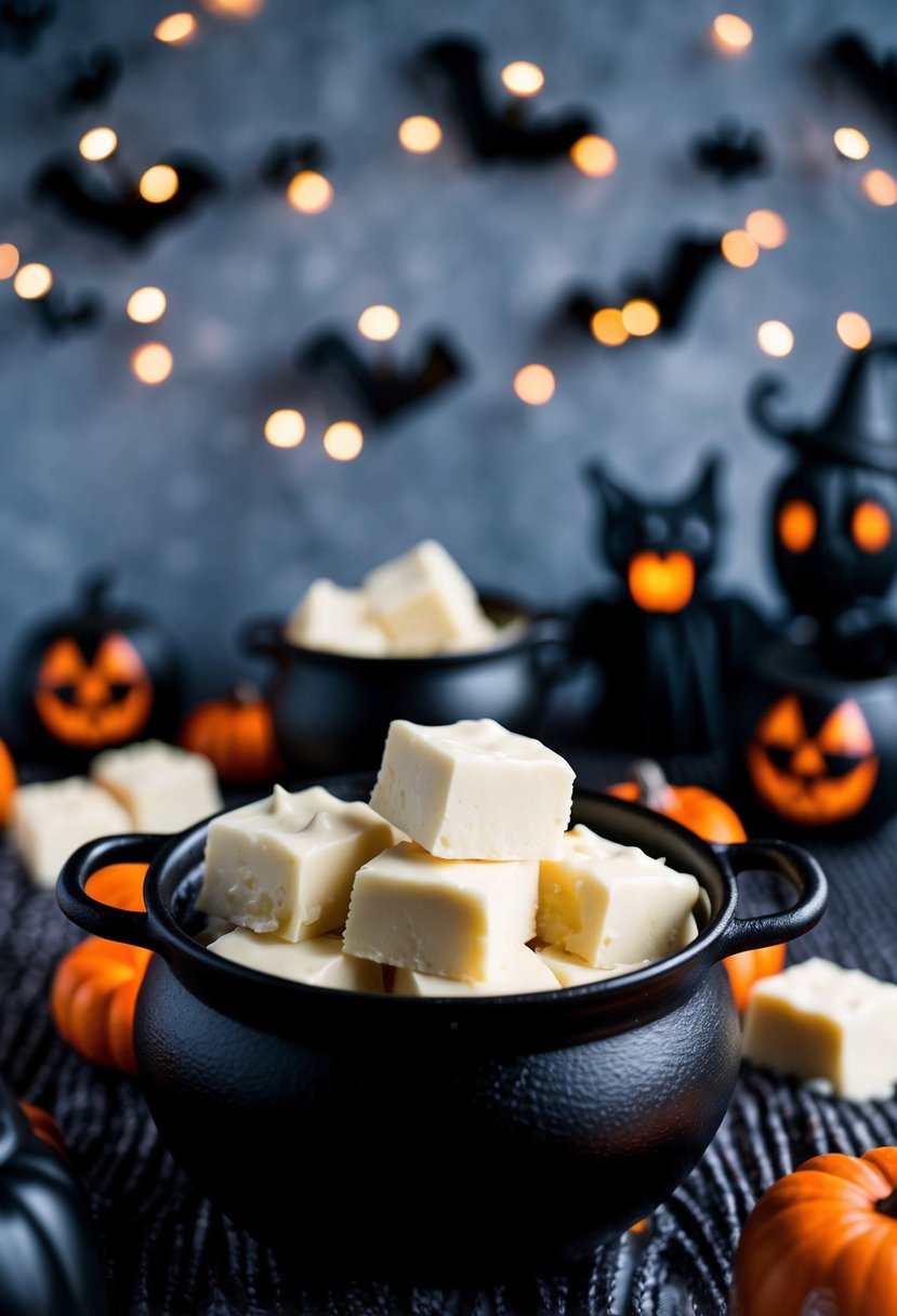 A cauldron of ghostly white chocolate fudge bubbling over a black flame, surrounded by spooky Halloween decorations