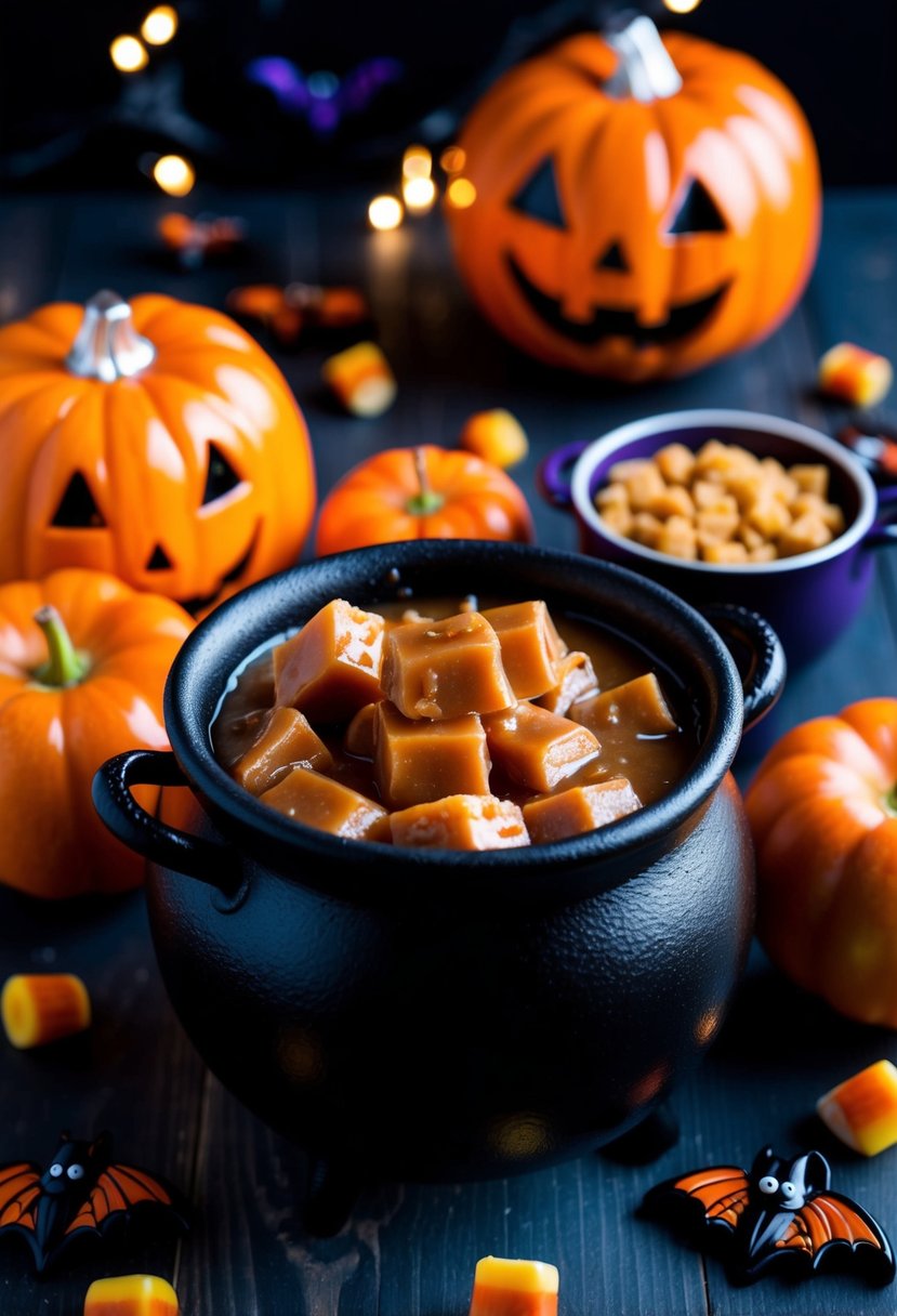 A cauldron of bubbling caramel apple fudge surrounded by Halloween decorations