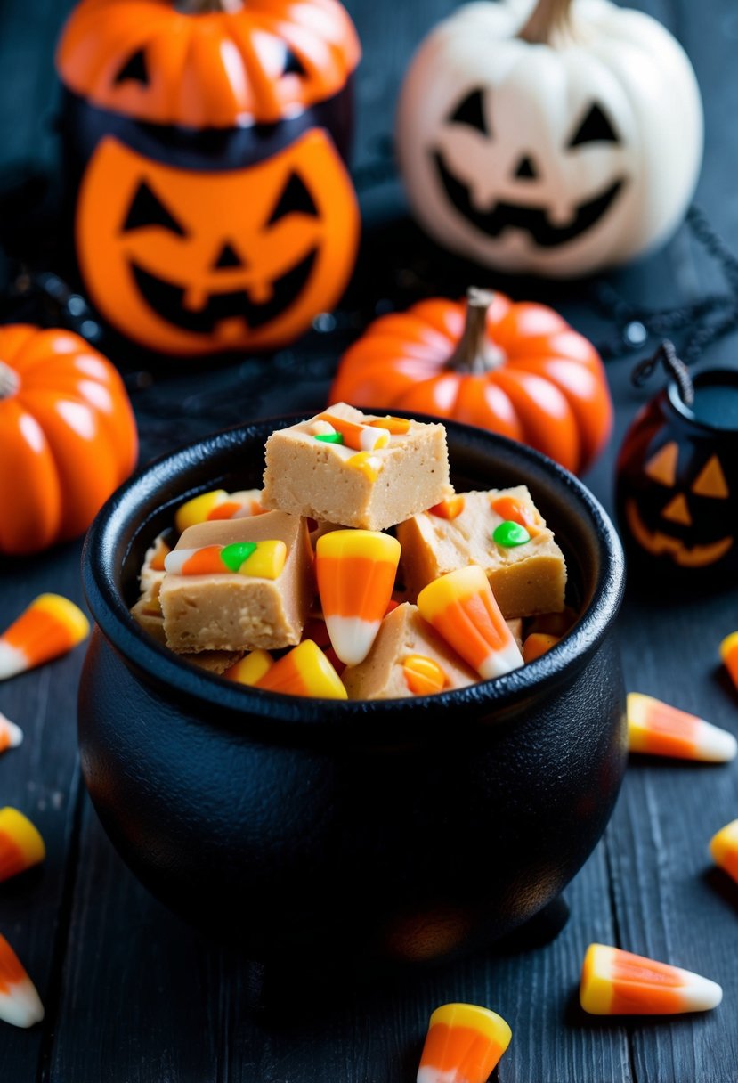 A cauldron filled with candy corn fudge surrounded by Halloween decorations