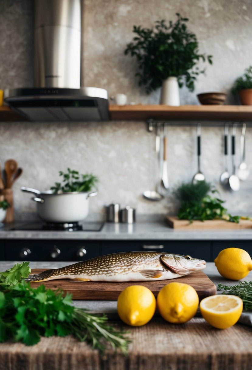 A rustic kitchen counter with fresh pike, lemons, herbs, and cooking utensils