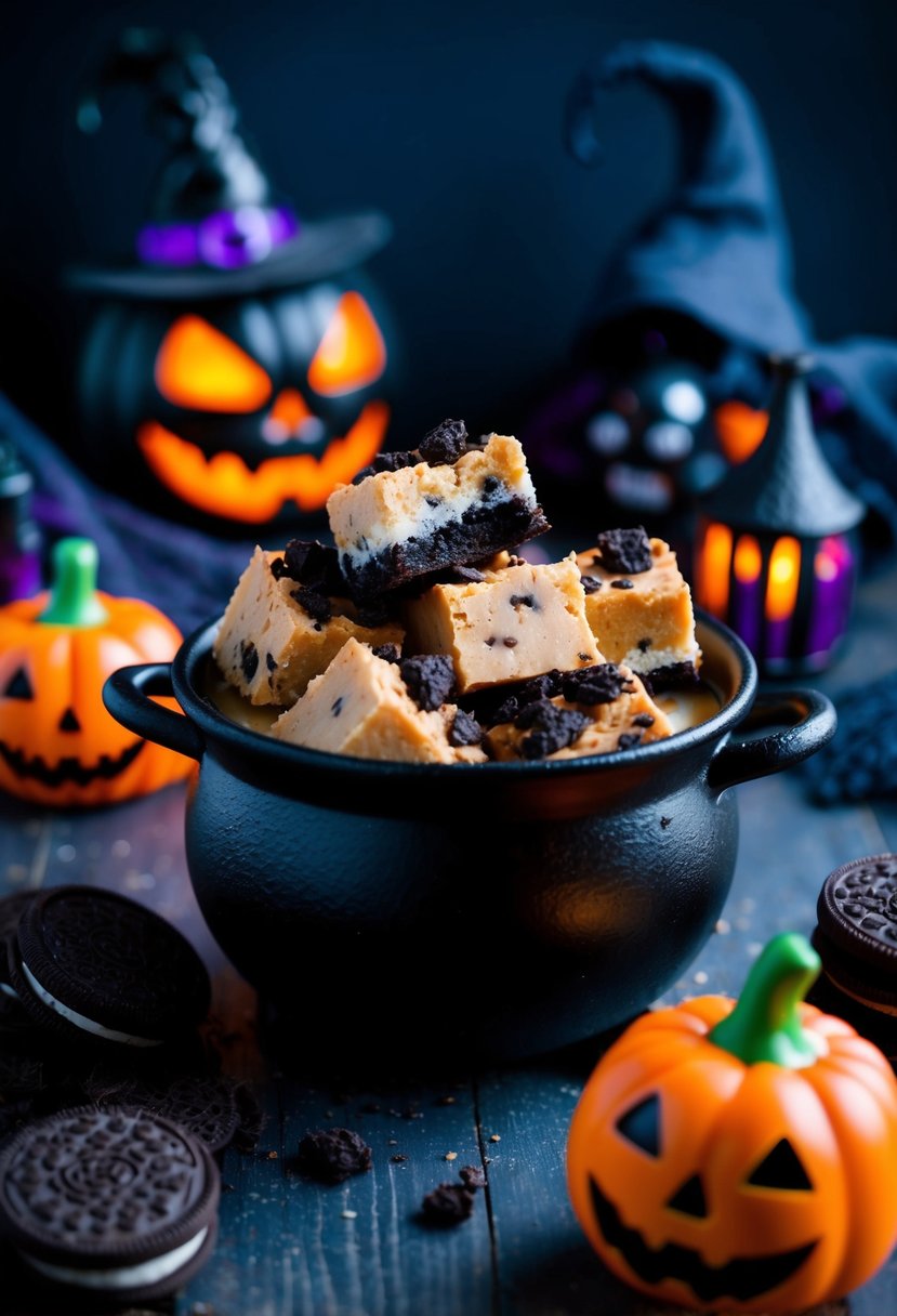 A cauldron of bubbling fudge with Oreo crumbles, surrounded by eerie Halloween decorations