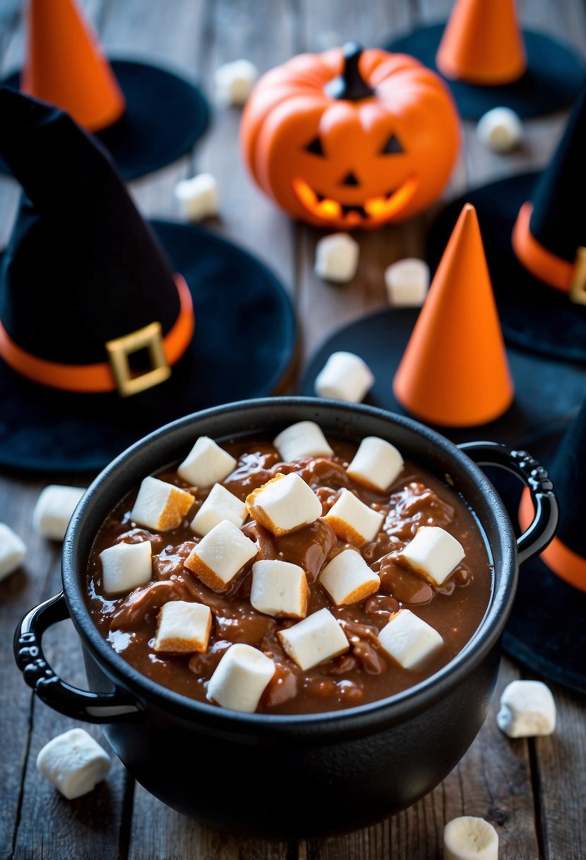 A cauldron of bubbling fudge with marshmallows, surrounded by Halloween decorations and witch's hats