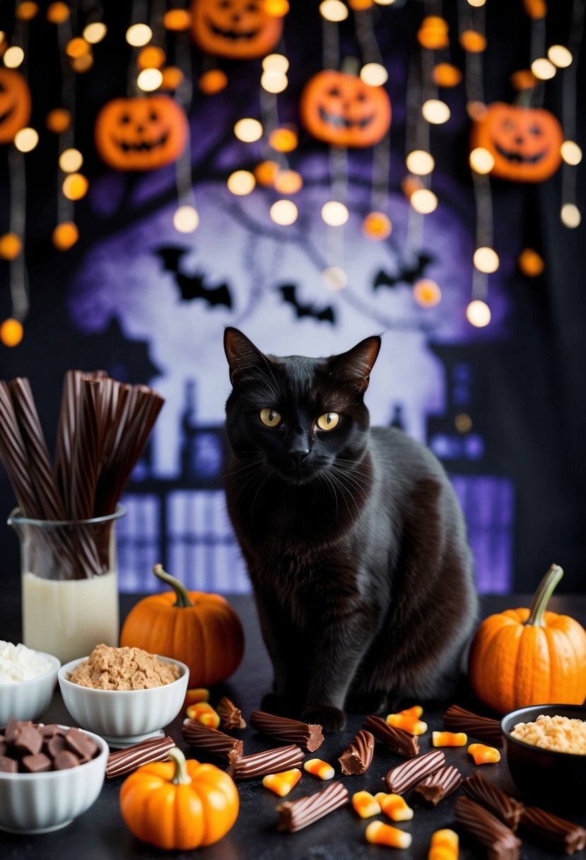 A black cat sits on a table surrounded by licorice and fudge ingredients, with a Halloween-themed backdrop