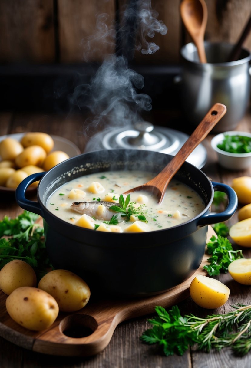 A rustic kitchen with a steaming pot of chowder, surrounded by fresh pike and potatoes, herbs, and a wooden spoon