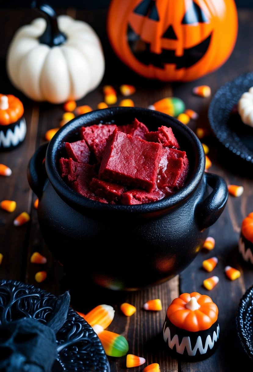 A cauldron of bubbling red velvet fudge, surrounded by Halloween decorations