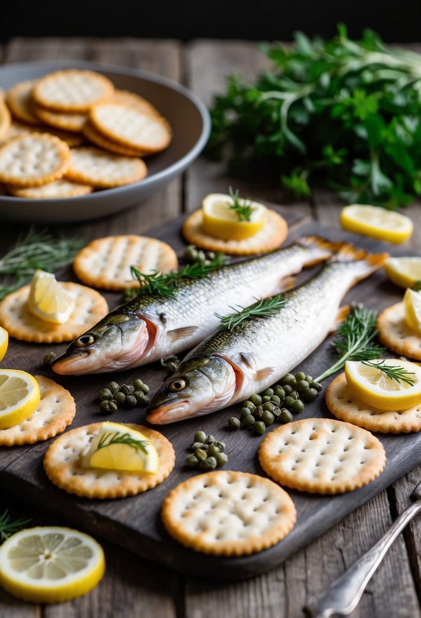 A rustic wooden table with a spread of smoked pike, crackers, and various toppings like capers, lemon wedges, and fresh herbs