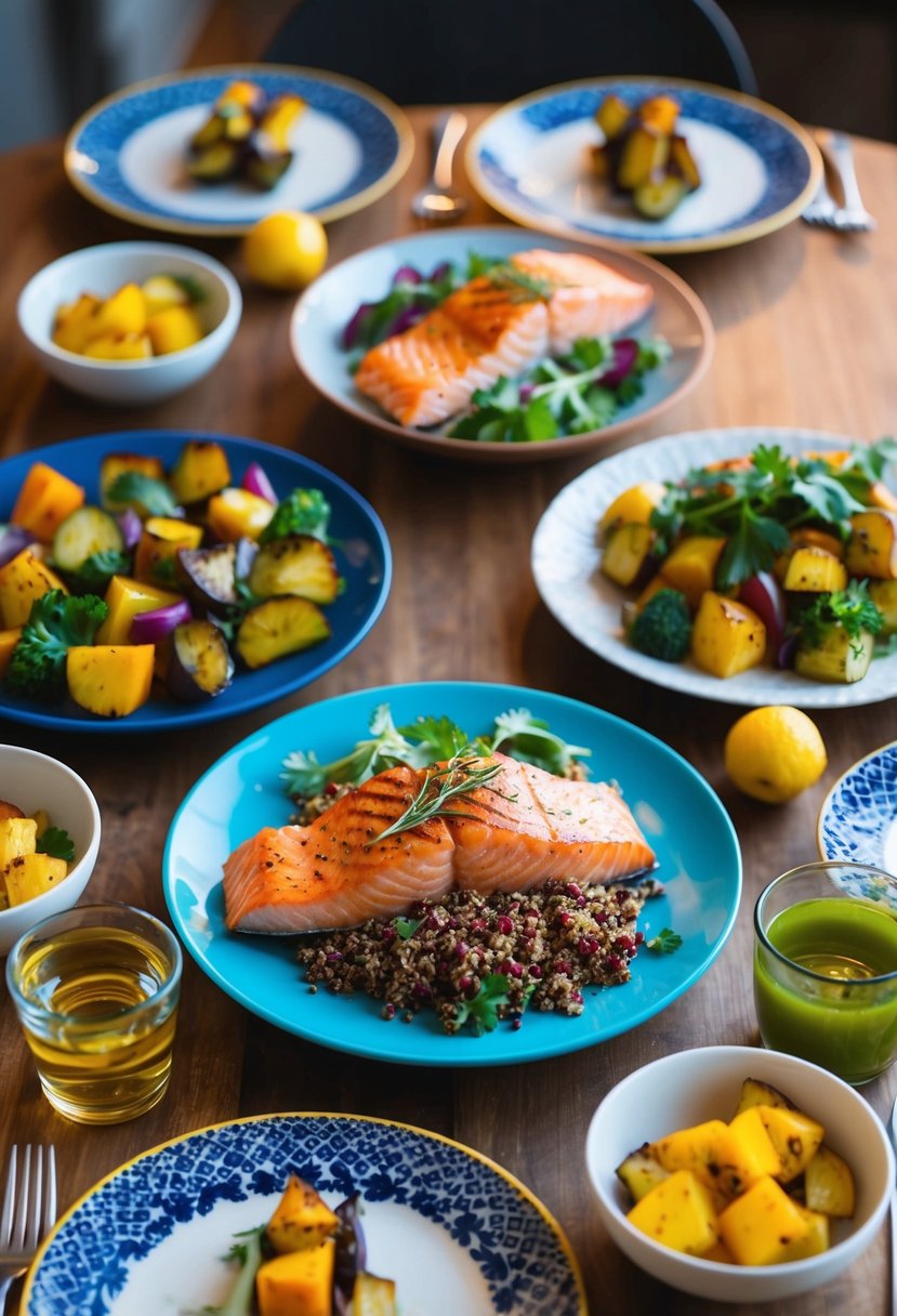 A table set with grilled salmon, roasted vegetables, and quinoa salad. A colorful array of fresh ingredients and vibrant plates