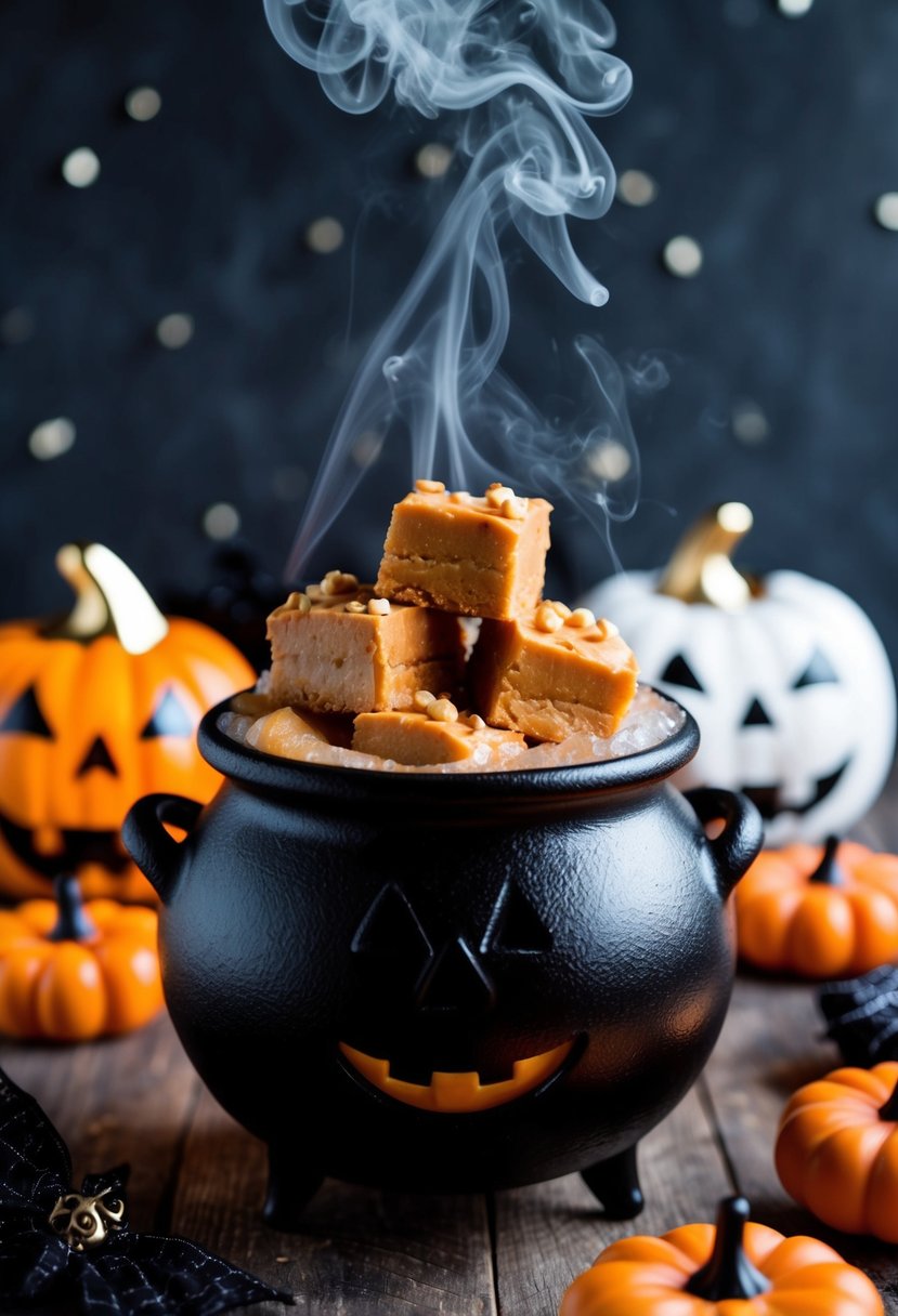 A steaming cauldron bubbles with butterscotch fudge, surrounded by Halloween decorations