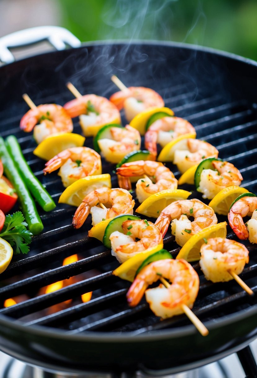 A sizzling grill cooks skewers of lemon garlic shrimp with a side of fresh vegetables, creating a vibrant and appetizing pescatarian dinner scene