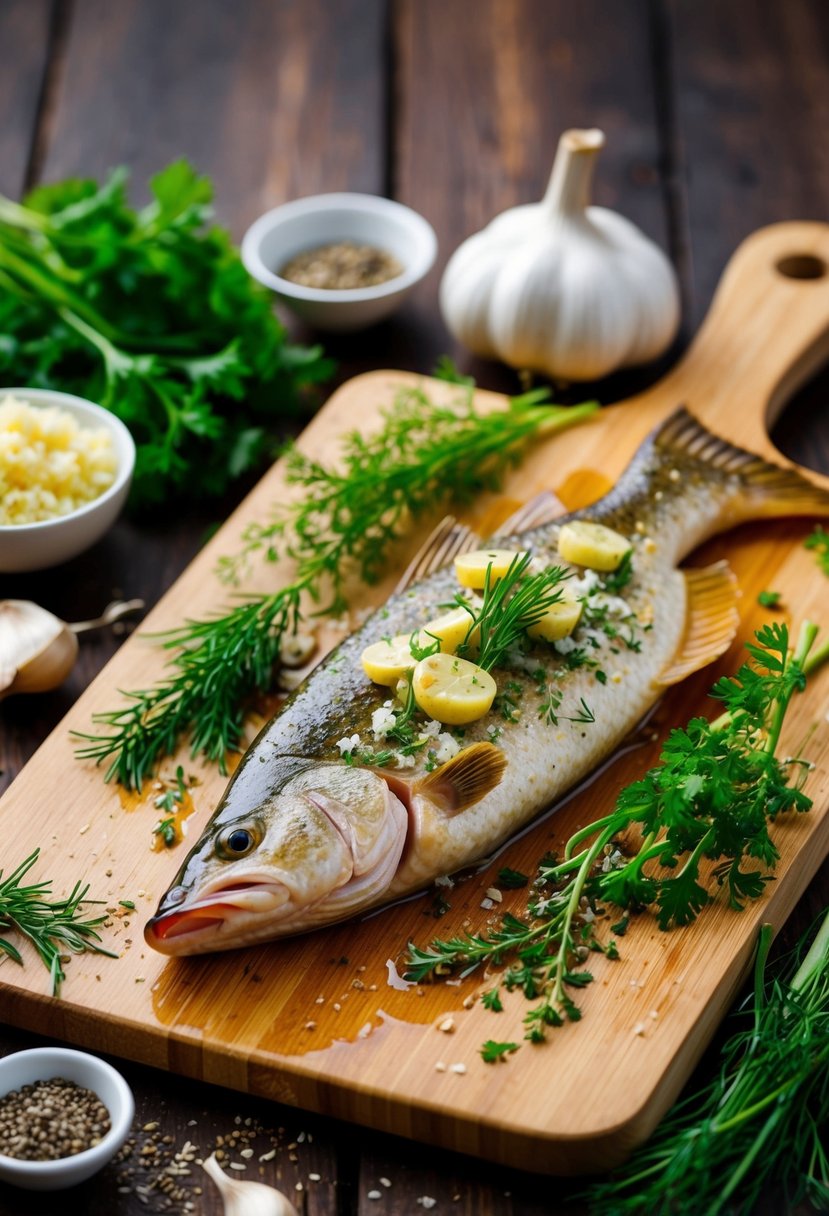 A pike, baked with garlic and dill, sits on a wooden cutting board surrounded by fresh herbs and spices