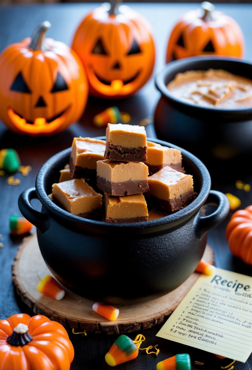 A cauldron of Peanut Butter Chocolate Fudge sits on a table surrounded by Halloween decorations and recipe notes