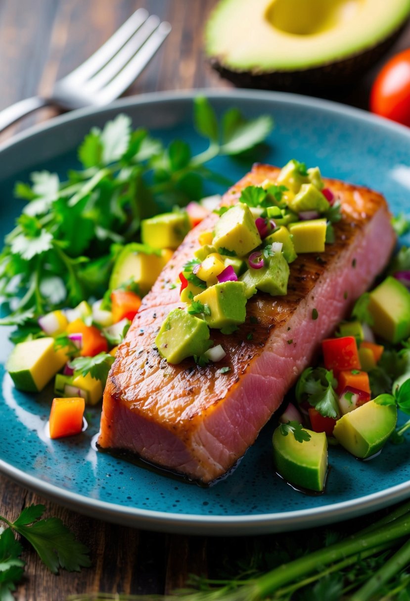 A plate of seared ahi tuna topped with vibrant avocado salsa, surrounded by colorful vegetables and herbs