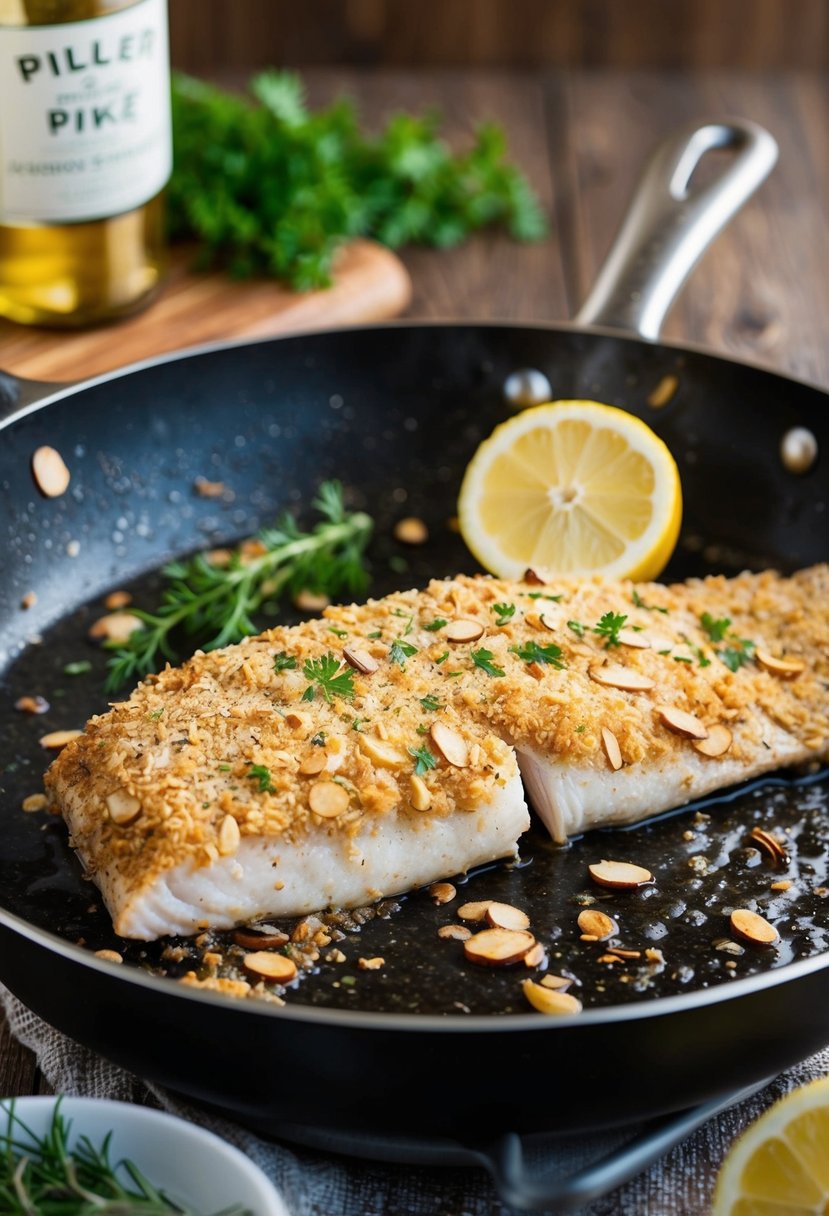 A sizzling pike fillet is being seared in a hot skillet, coated in a crispy almond crust, with a sprinkle of fresh herbs and lemon wedges on the side