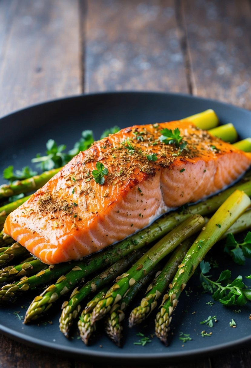 A golden-brown herb-crusted salmon fillet sits atop a bed of roasted asparagus, with a sprinkle of fresh herbs for garnish