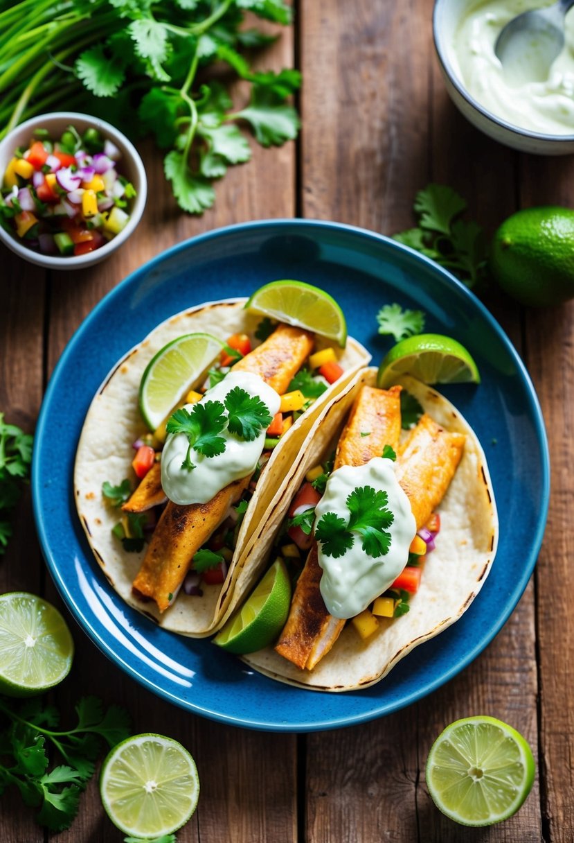 A rustic wooden table with a plate of Pike Fish Tacos topped with lime crema, surrounded by vibrant ingredients like cilantro, lime wedges, and colorful salsa