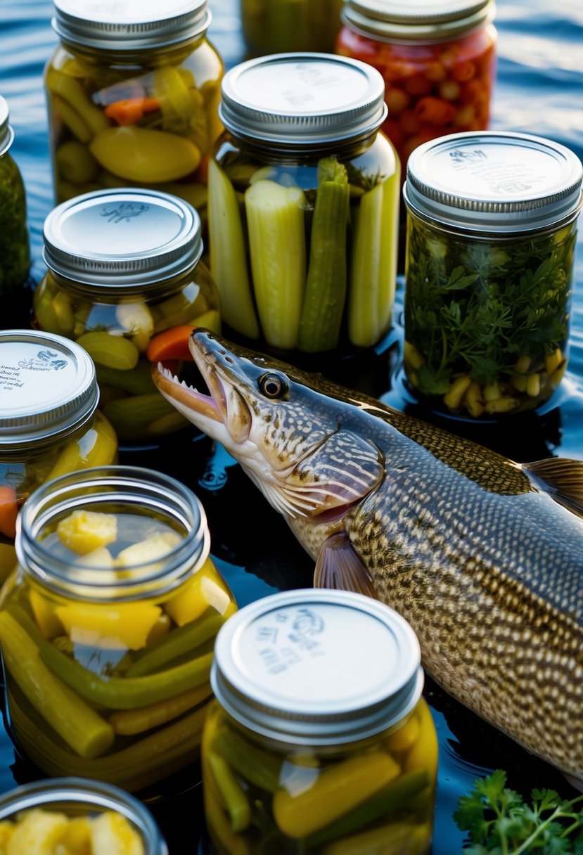 A pike swimming among jars of pickled vegetables and herbs