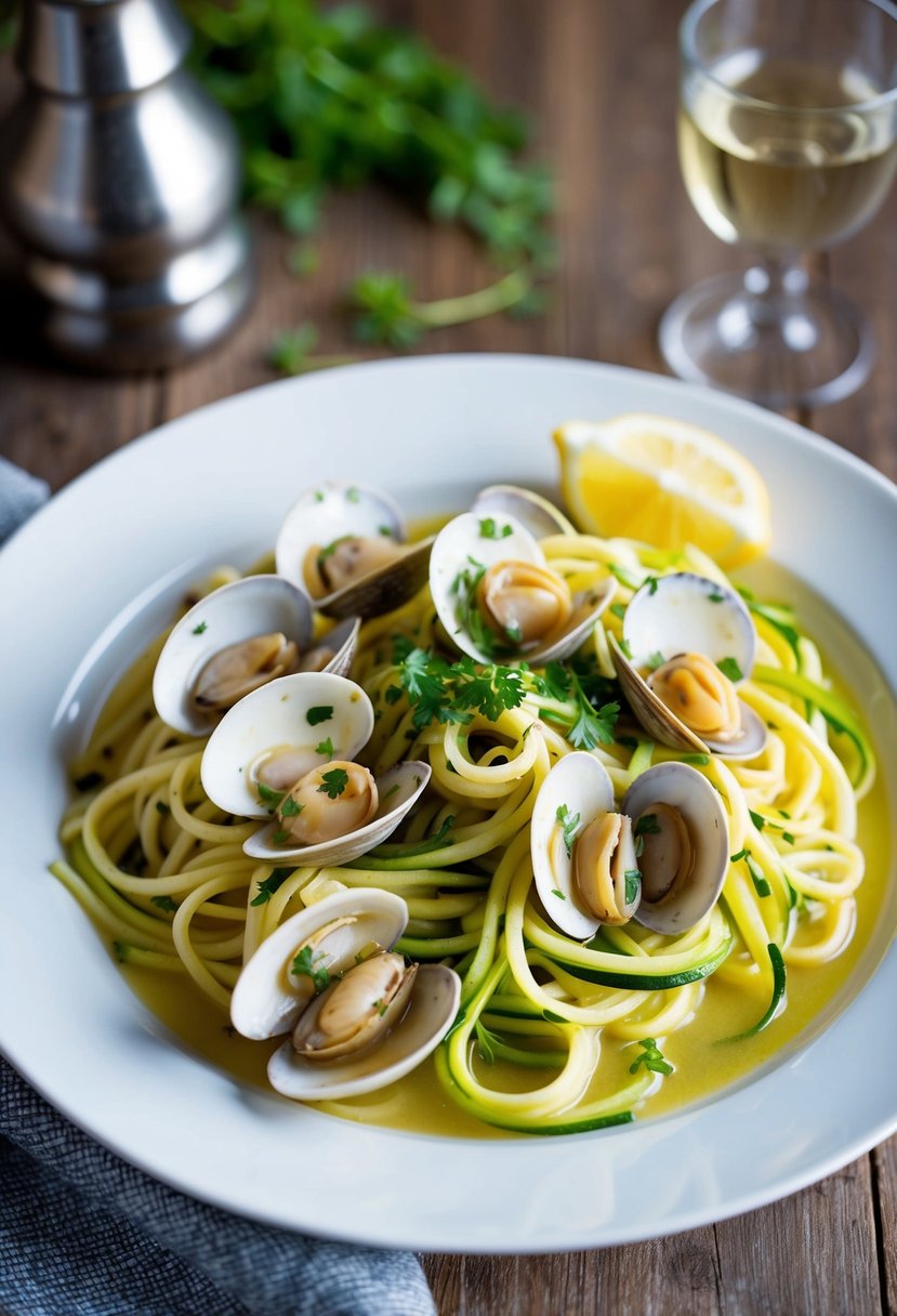 A steaming plate of zucchini noodles with clams in a fragrant white wine sauce, garnished with fresh herbs and lemon wedges, sits on a rustic wooden table