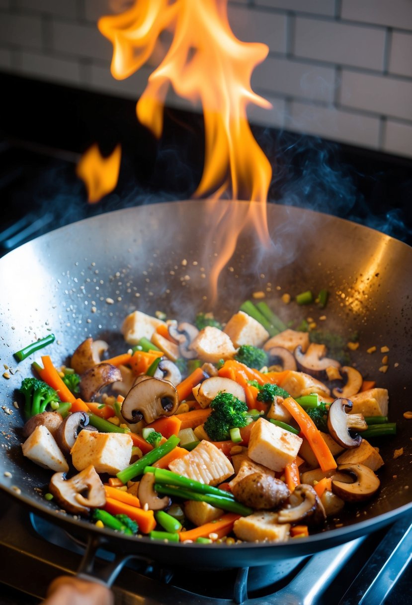 A sizzling wok filled with chunks of pike, colorful mushrooms, and vibrant vegetables being stir-fried over a high flame