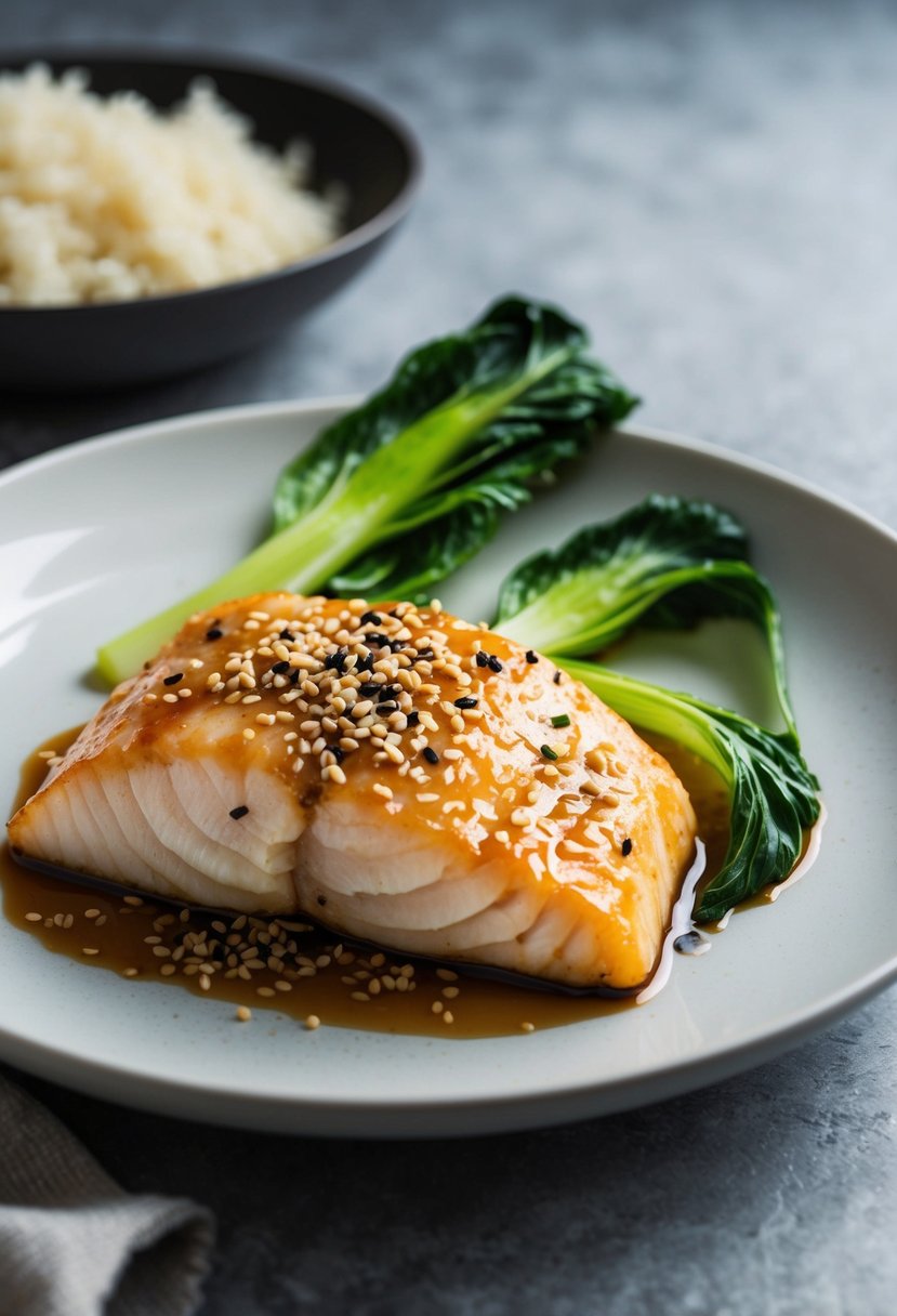 A plate of miso-glazed cod with bok choy, garnished with sesame seeds, on a white ceramic dish