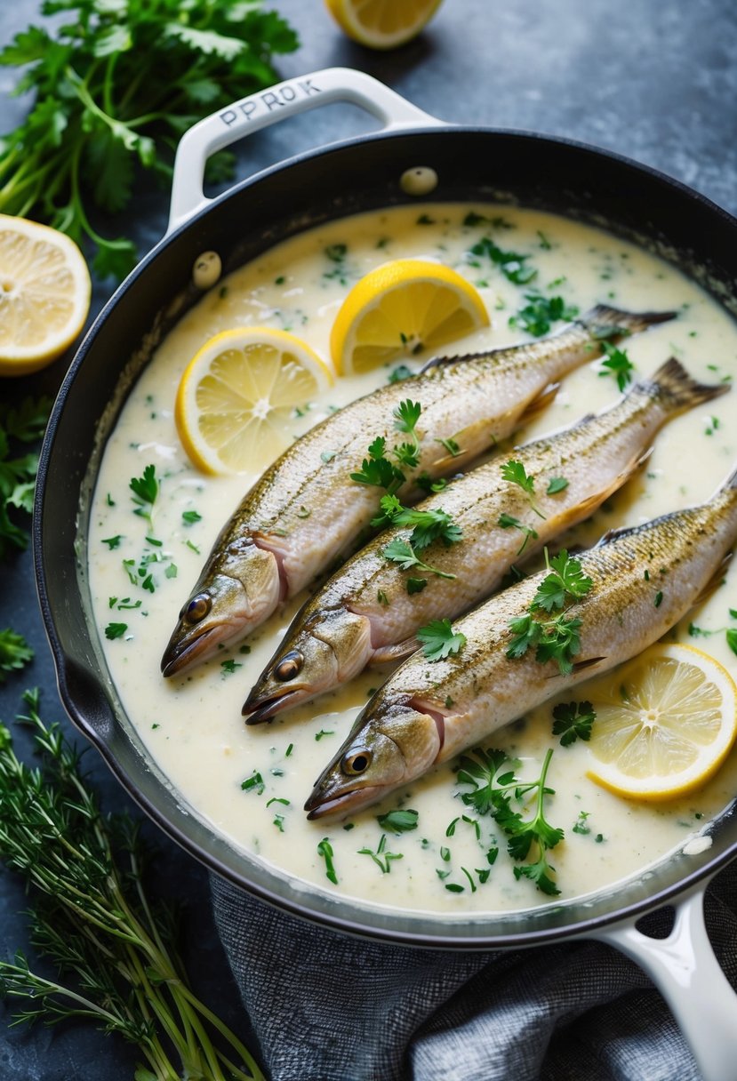 A skillet of pike fillets simmering in a creamy white sauce, surrounded by fresh herbs and lemon slices