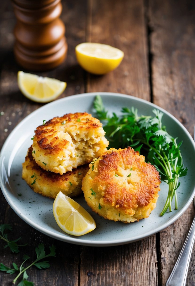 A plate of golden-brown crispy fish cakes with a side of fresh herbs and lemon wedges on a rustic wooden surface