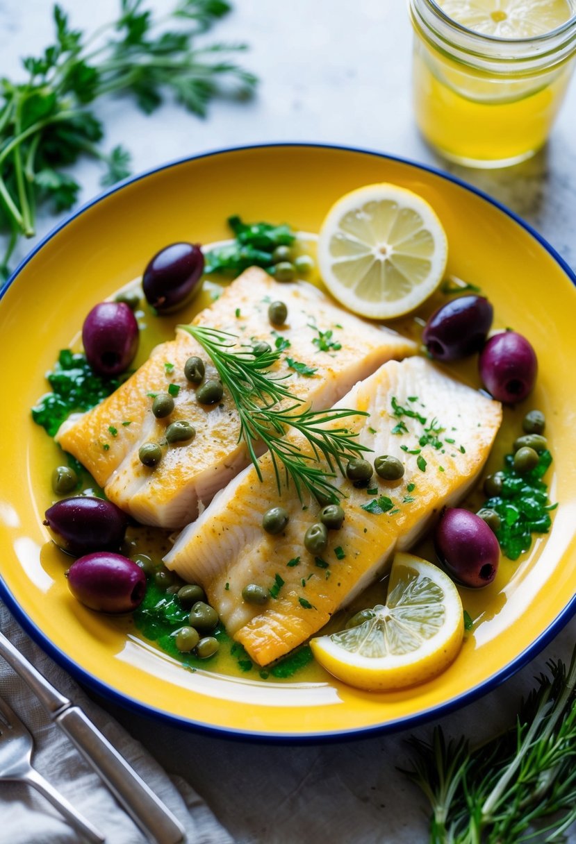 A colorful plate of Mediterranean tilapia with olives and capers surrounded by fresh herbs and lemon slices