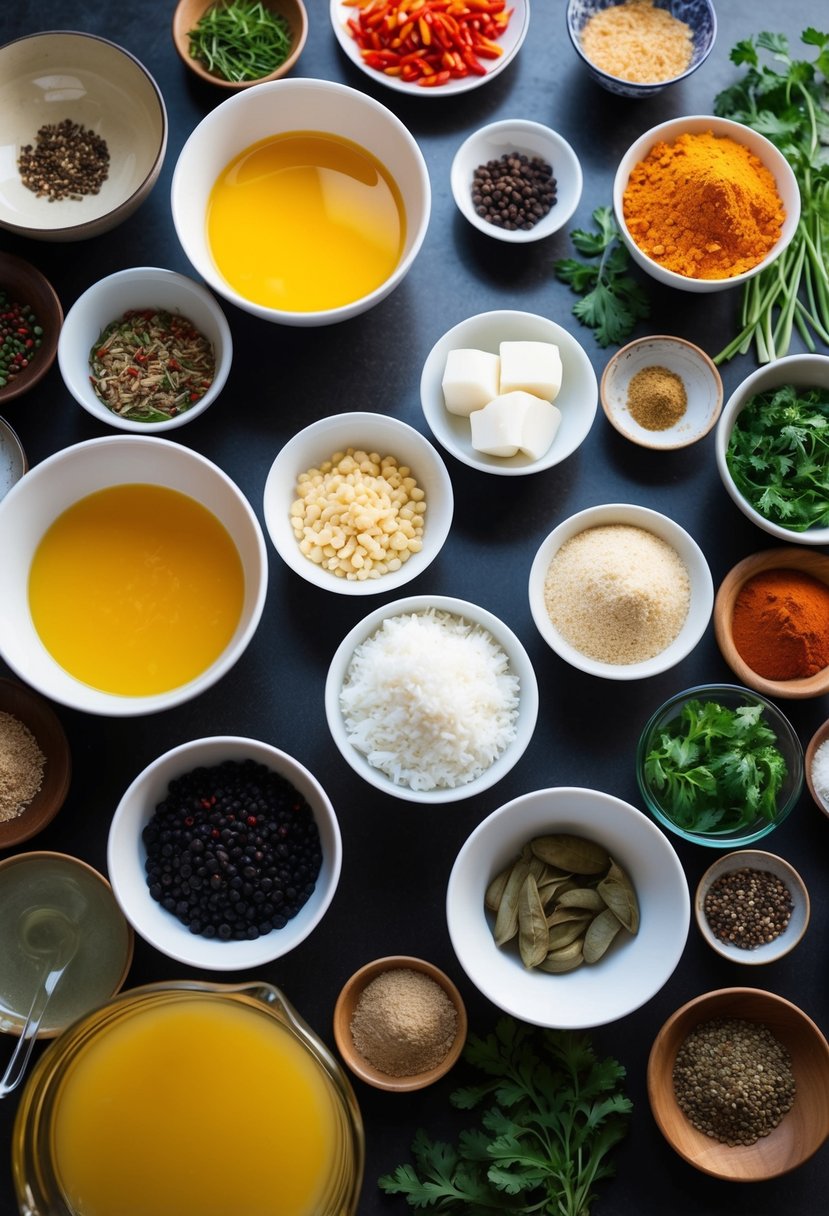 A table set with various bowls and ingredients, surrounded by colorful Asian spices and herbs