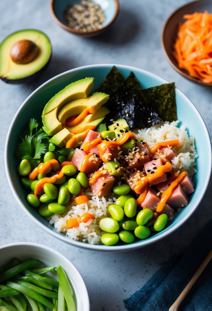 A colorful bowl filled with diced tuna, avocado, edamame, and rice, drizzled with spicy sauce and topped with sesame seeds and seaweed