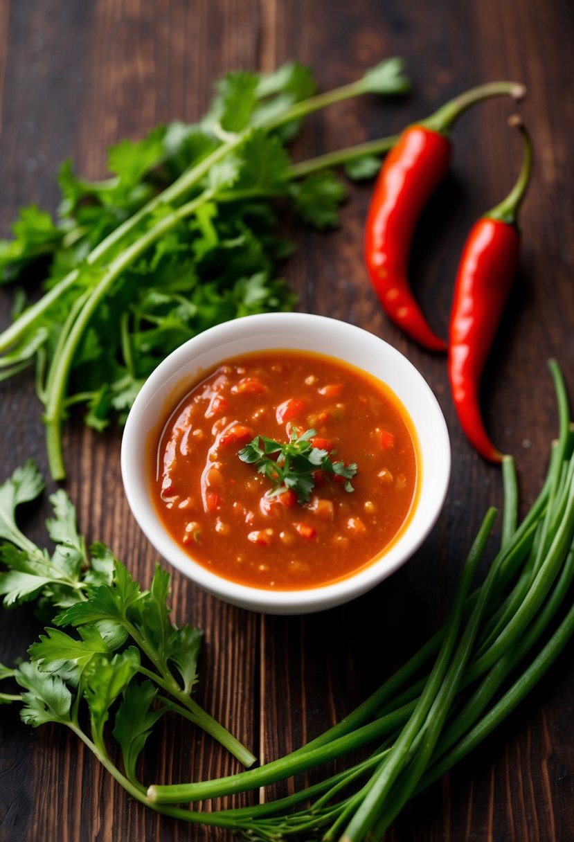 A small bowl of sweet chili dipping sauce surrounded by fresh green herbs and red chili peppers